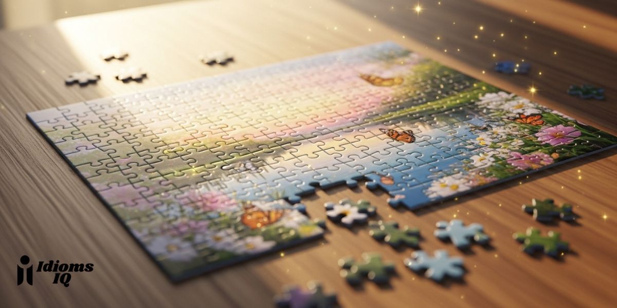 "A stunning, light-themed scene of a beautifully completed jigsaw puzzle lying on a wooden table bathed in soft morning sunlight. Each puzzle piece seamlessly fits together to reveal a breathtaking image — a serene landscape with blooming flowers, butterflies, and a calm lake reflecting a pastel sky. The scene evokes peace, satisfaction, and beauty. Add subtle sparkles and warm tones, focus on harmony and completeness. Ultra-realistic, high detail, soft glow, elegant composition."