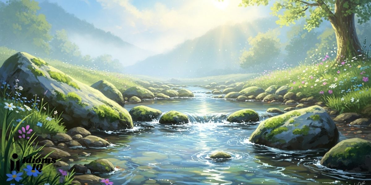 A serene, gently running mountain stream glistening under soft morning sunlight, surrounded by delicate wildflowers and light green moss-covered rocks. The water is crystal clear, flowing over smooth pebbles, creating tiny ripples and sparkles. A peaceful, dreamy atmosphere with soft pastel colors—sky blue, light green, and gentle golden hues. Light mist in the background with distant hills and sunbeams breaking through. Artistic, ethereal, and tranquil, in a high-resolution, painterly style.